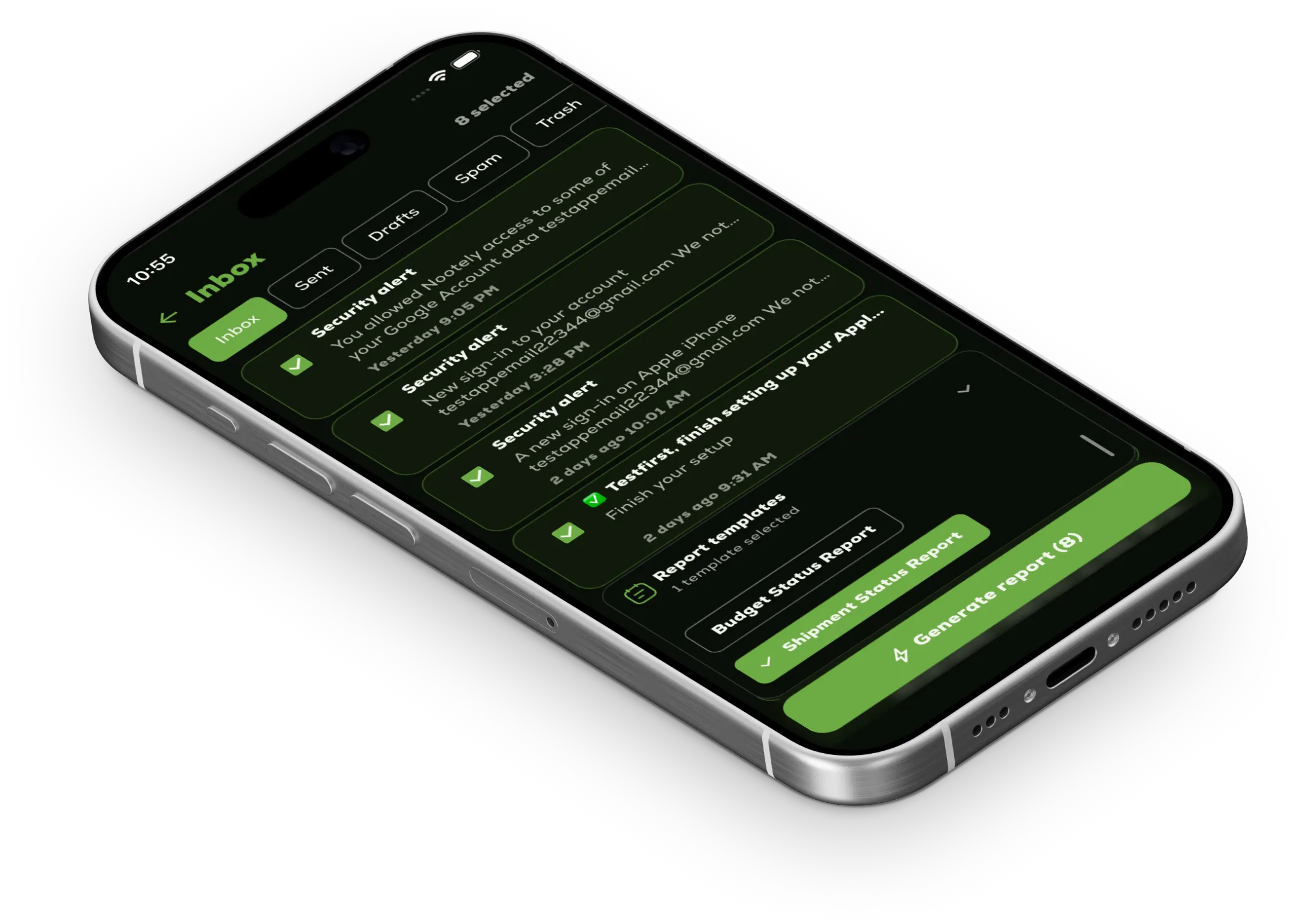Nootely inbox screen in dark mode