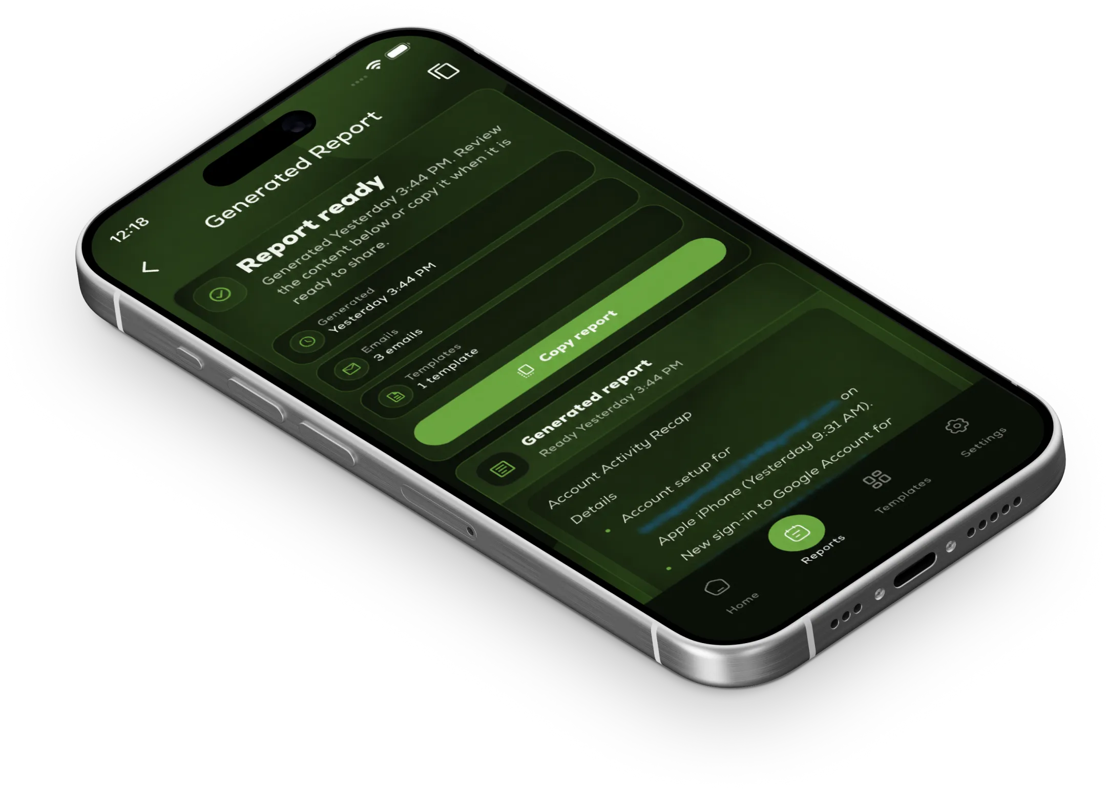 Nootely generated report screen in dark mode