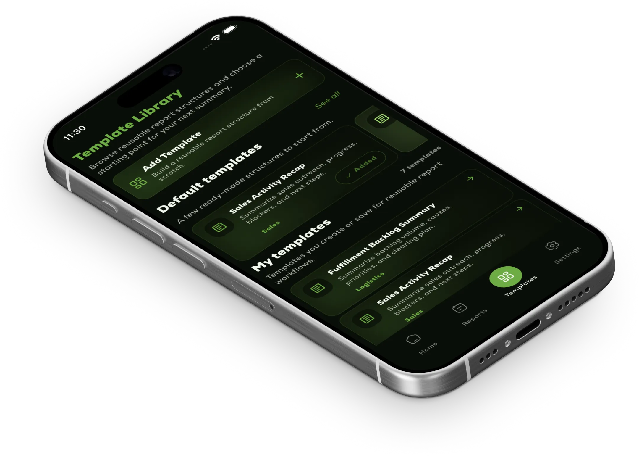 Nootely templates screen in dark mode